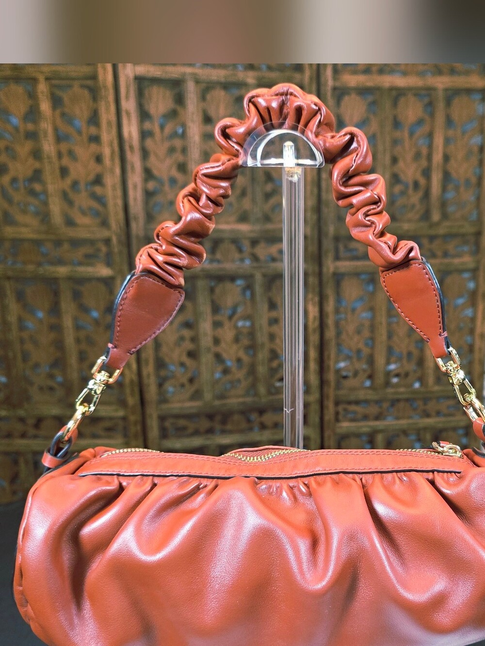 Manu Atelier Cognac Ruched Leather Shoulder Bag - Picture 6 of 16